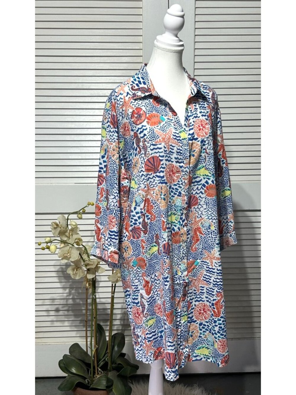 NWT Talbot Women's Blue Cotton Seahorse Crinkle Beach Shirt Dress Size 2X 3453 - Picture 3 of 14